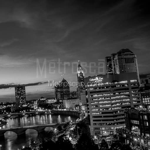 Columbus Black and White Photos of The Columbus Skyline at Dusk from Waterford Tower The Columbus Skyline at Dusk from Waterford Tower -- Columbus Black and White Photos