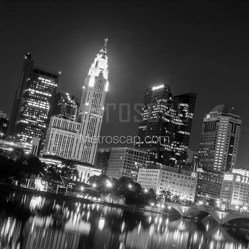 Matte Black MDF Framed Black and White Columbus Photograph: The Columbus Skyline on a Skewed Angle in a Square Matte Black MDF Frame
