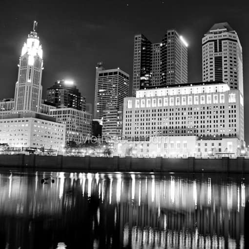 Matte Black MDF Framed Black and White Columbus Photograph: The Columbus Skyline from the Amphitheater in a Square Matte Black MDF Frame