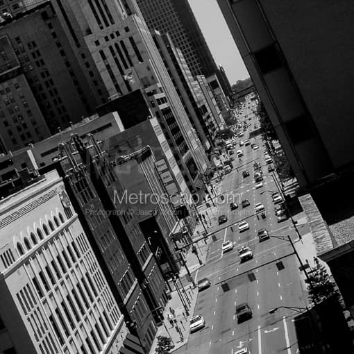 Matte Black MDF Framed Black and White Columbus Photograph: Front Street Cityscape in Downtown Columbus in a Square Matte Black MDF Frame