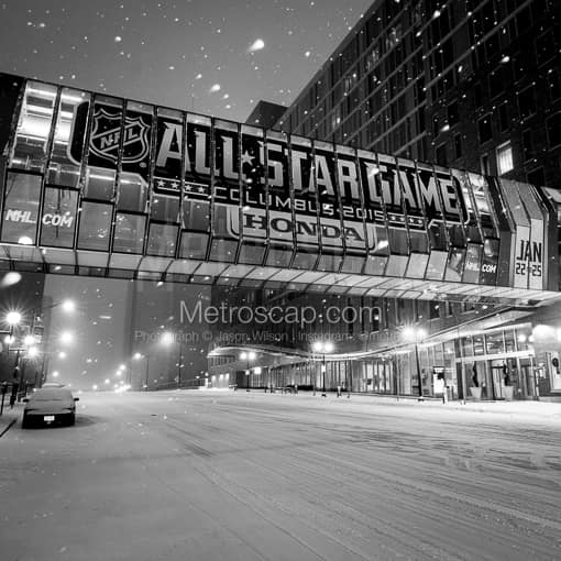 Columbus Black and White Photos of The Downtown Columbus Hilton Foot Bridge during the 2015 NHL All-Star Game The Downtown Columbus Hilton Foot Bridge during the 2015 NHL All-Star Game -- Columbus Black and White Photos