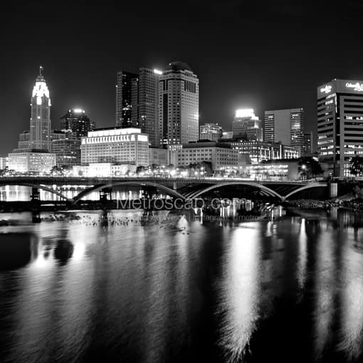 Matte Black MDF Framed Black and White Columbus Photograph: The Columbus Skyline and Town Street Bridge in a Square Matte Black MDF Frame