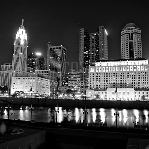 Matte Black MDF Framed Black and White Columbus Photograph: The Columbus Skyline from COSI and Genoa Park in a Square Matte Black MDF Frame