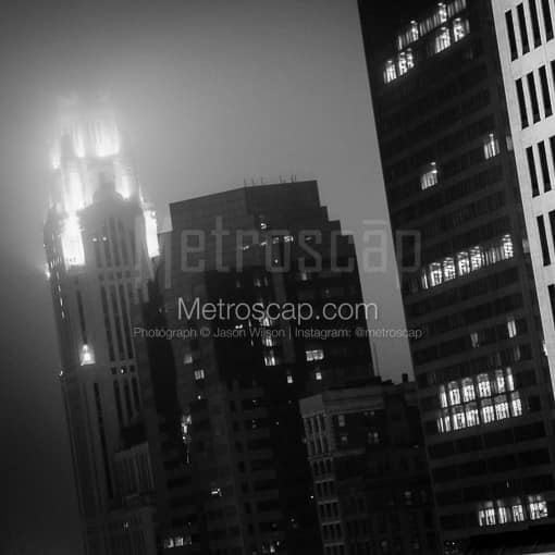 Matte Black MDF Framed Black and White Columbus Photograph: Fog Engulfs the Top of the LeVeque Tower in a Square Matte Black MDF Frame