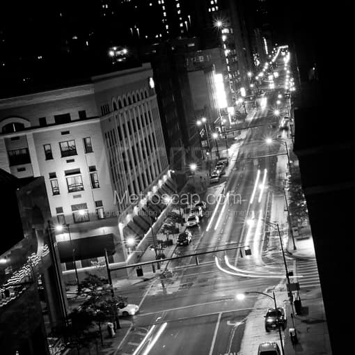 Matte Black MDF Framed Black and White Columbus Photograph: Front Street Cityscape at Night in a Square Matte Black MDF Frame