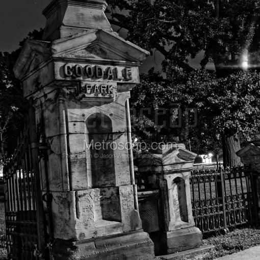Matte Black MDF Framed Black and White Columbus Photograph: The Goodale Park Entrance Gate in a Square Matte Black MDF Frame