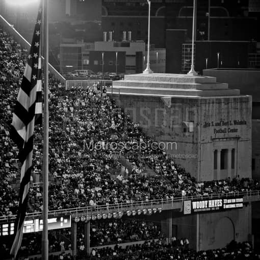 Matte Black MDF Framed Black and White Columbus Photograph: The Iris and Bert Wolstein Football Center in a Square Matte Black MDF Frame
