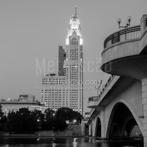 Matte Black MDF Framed Black and White Columbus Photograph: The LeVeque Tower and the Broad Street Bridge in a Square Matte Black MDF Frame