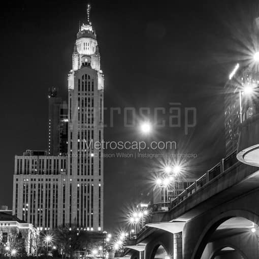 Matte Black MDF Framed Black and White Columbus Photograph: LeVeque Tower under a Full Moon in a Square Matte Black MDF Frame