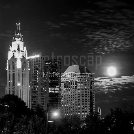 Matte Black MDF Framed Black and White Columbus Photograph: The Moonrises Behind the Columbus Skyline in a Square Matte Black MDF Frame