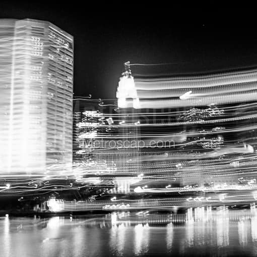 Matte Black MDF Framed Black and White Columbus Photograph: A Motion Blur Version of the Columbus Skyline in a Square Matte Black MDF Frame