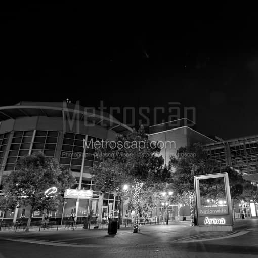 Matte Black MDF Framed Black and White Columbus Photograph: Nationwide Arena at Night in a Square Matte Black MDF Frame