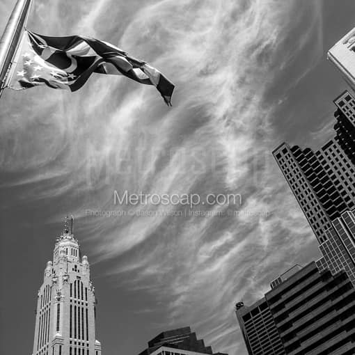 Columbus Black and White Photos of The Ohio Flag Waves Above the Columbus Skyline The Ohio Flag Waves Above the Columbus Skyline -- Columbus Black and White Photos