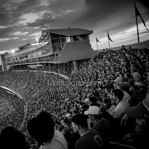 Matte Black MDF Framed Black and White Columbus Photograph: The New Press Box at Ohio Stadium in a Square Matte Black MDF Frame