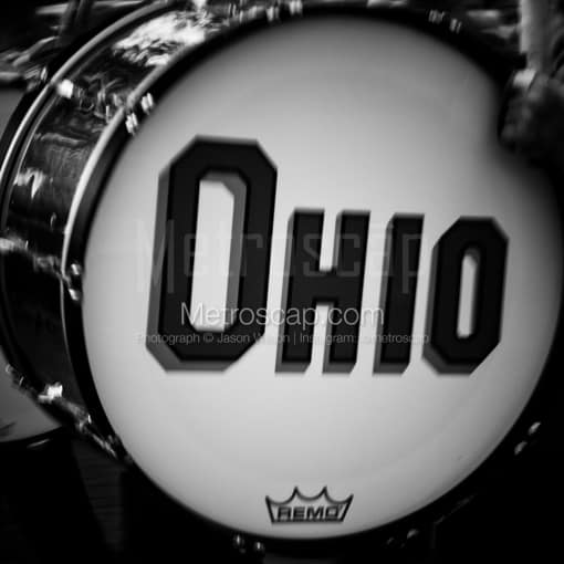 Matte Black MDF Framed Black and White Columbus Photograph: An Ohio State Marching Band Drum in a Square Matte Black MDF Frame