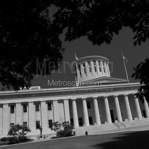Matte Black MDF Framed Black and White Columbus Photograph: The Ohio Statehouse Lawn in a Square Matte Black MDF Frame