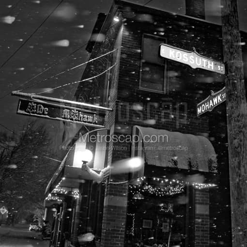 Matte Black MDF Framed Black and White Columbus Photograph: The Olde Mohawk in a Snowstorm in a Square Matte Black MDF Frame