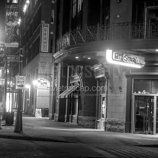 Matte Black MDF Framed Black and White Columbus Photograph: The Red Star Tavern in the Arena District in a Square Matte Black MDF Frame