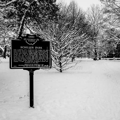 Columbus Black and White Photos of The Schiller Park Ohio Historical Marker in the Snow The Schiller Park Ohio Historical Marker in the Snow -- Columbus Black and White Photos