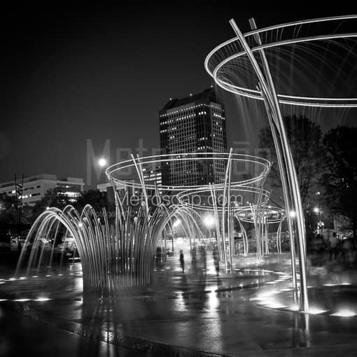 Matte Black MDF Framed Black and White Columbus Photograph: The New Scioto Mile Fountains in a Square Matte Black MDF Frame