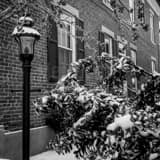 Snowy German Village Home Black and White Square Snowy German Village Home black and white