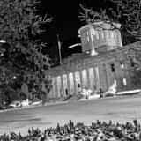Snowy Ohio Statehouse Lawn Black and White Square Snowy Ohio Statehouse Lawn black and white