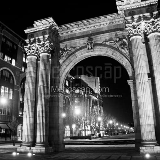 Matte Black MDF Framed Black and White Columbus Photograph: The Union Station Arch in the Arena District in a Square Matte Black MDF Frame