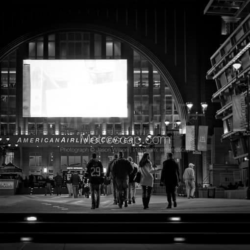 Matte Black MDF Framed Black and White Dallas Photograph: American Airlines Center in a Square Matte Black MDF Frame
