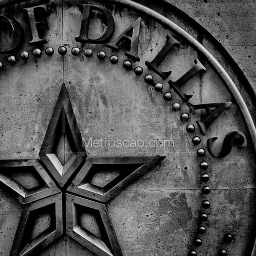 Matte Black MDF Framed Black and White Dallas Photograph: The City of Dallas Seal and Star in a Square Matte Black MDF Frame