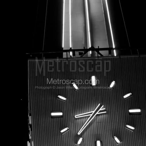 Matte Black MDF Framed Black and White Dallas Photograph: The Clock Face on the Merc in a Square Matte Black MDF Frame