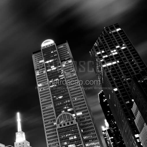 Matte Black MDF Framed Black and White Dallas Photograph: The Comerica Building and 1700 Pacific in a Square Matte Black MDF Frame