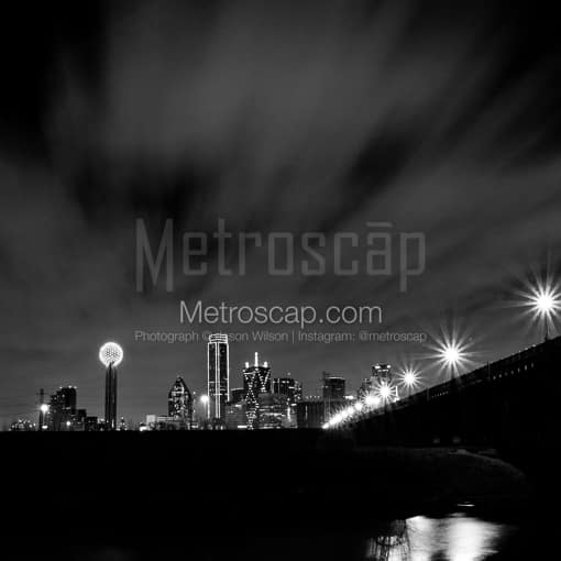 Matte Black MDF Framed Black and White Dallas Photograph: The Dallas Skyline from the Trinity Riverbed in a Square Matte Black MDF Frame