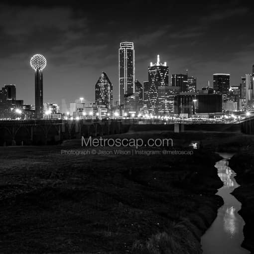 Matte Black MDF Framed Black and White Dallas Photograph: The Dallas Skyline from the Trinity River Flood Plain in a Square Matte Black MDF Frame