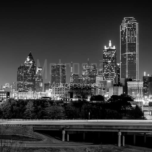 Matte Black MDF Framed Black and White Dallas Photograph: The Downtown Dallas Skyline Overlooking the Stemmons Expressway in a Square Matte Black MDF Frame