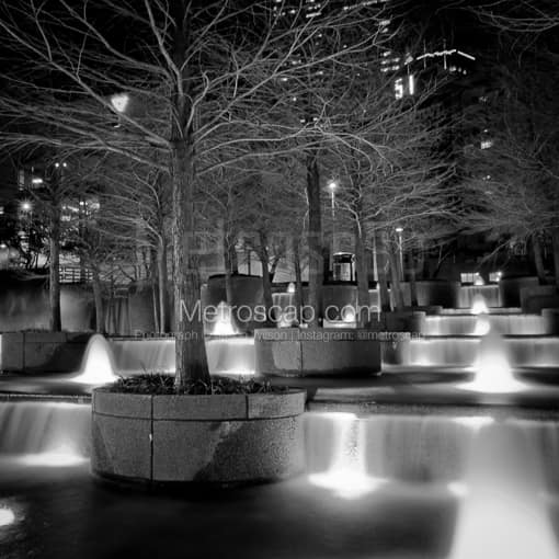 Matte Black MDF Framed Black and White Dallas Photograph: The Fountain Place Fountains in a Square Matte Black MDF Frame
