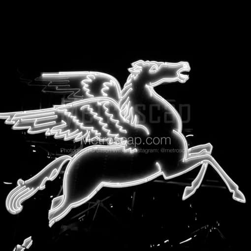 Matte Black MDF Framed Black and White Dallas Photograph: The Pegasus Sign in a Square Matte Black MDF Frame