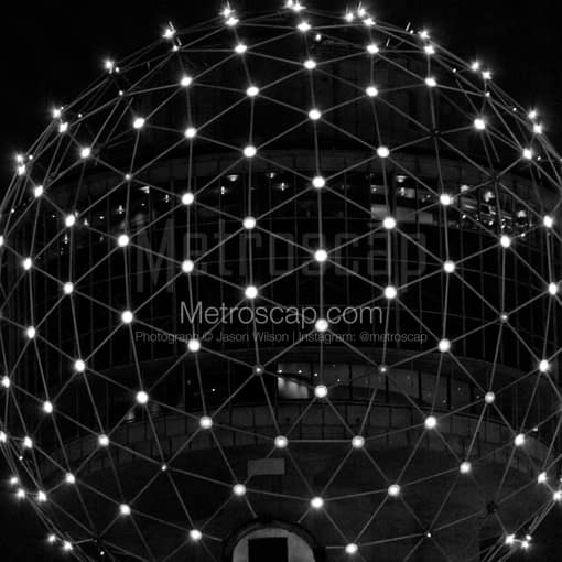 Matte Black MDF Framed Black and White Dallas Photograph: The Icosahedron Top of Reunion Tower in a Square Matte Black MDF Frame