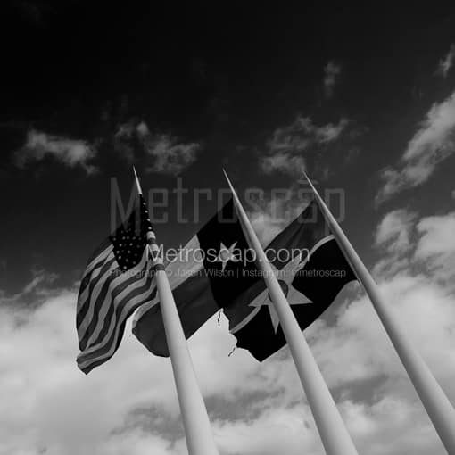 Matte Black MDF Framed Black and White Dallas Photograph: Huge American Texas and Dallas Flags at Dallas City Hall in a Square Matte Black MDF Frame