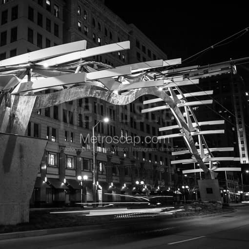 Matte Black MDF Framed Black and White Dayton Photograph: The Flyover Sculpture in a Square Matte Black MDF Frame