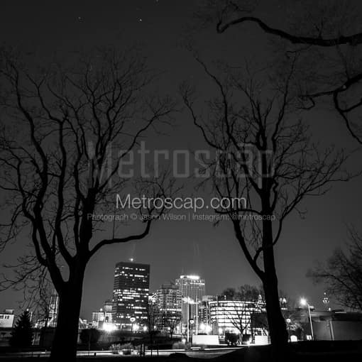 Matte Black MDF Framed Black and White Dayton Photograph: The Dayton Skyline under the Stars in a Square Matte Black MDF Frame