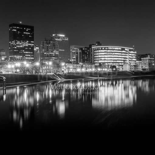 Matte Black MDF Framed Black and White Dayton Photograph: Downtown Dayton Skyline from Riverside Drive in a Square Matte Black MDF Frame
