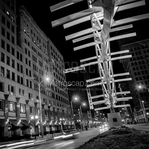Matte Black MDF Framed Black and White Dayton Photograph: The Flyover Sculpture in Downtown Dayton in a Square Matte Black MDF Frame