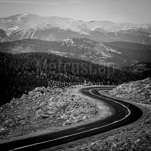 Matte Black MDF Framed Black and White Denver Photograph: A Hairpin turn on Mt Evans Road in a Square Matte Black MDF Frame