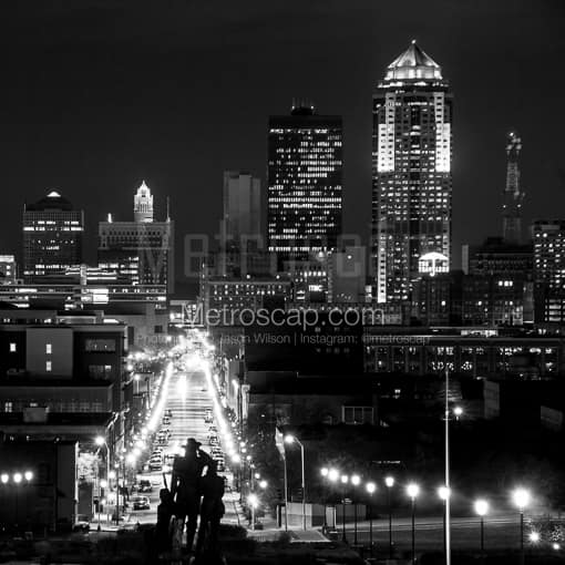 Matte Black MDF Framed Black and White Des Moines Photograph: Downtown Des Moines Skyline at Night from Capitol in a Square Matte Black MDF Frame