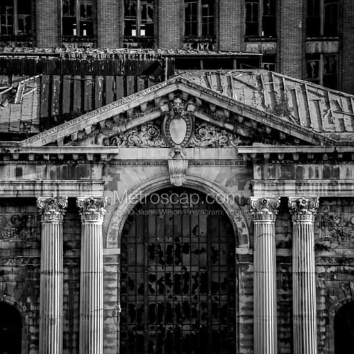 Matte Black MDF Framed Black and White Detroit Photograph: The Abandoned Detroit Train Station in a Square Matte Black MDF Frame