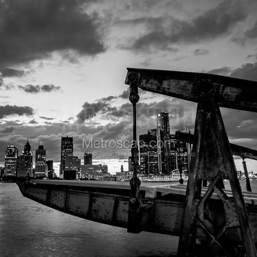 Matte Black MDF Framed Black and White Detroit Photograph: A Boat Dock on the Detroit River in a Square Matte Black MDF Frame