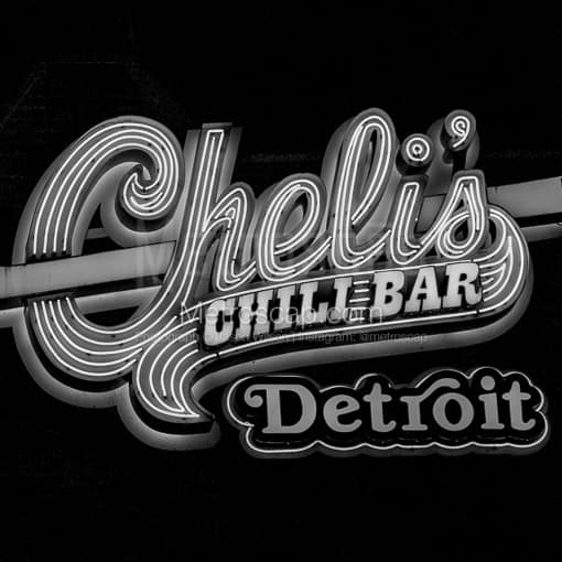 Matte Black MDF Framed Black and White Detroit Photograph: Chelis Chili Bar Detroit Neon Sign in a Square Matte Black MDF Frame