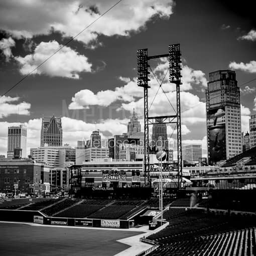 Matte Black MDF Framed Black and White Detroit Photograph: Comerica Park and the Detroit Skyline in a Square Matte Black MDF Frame