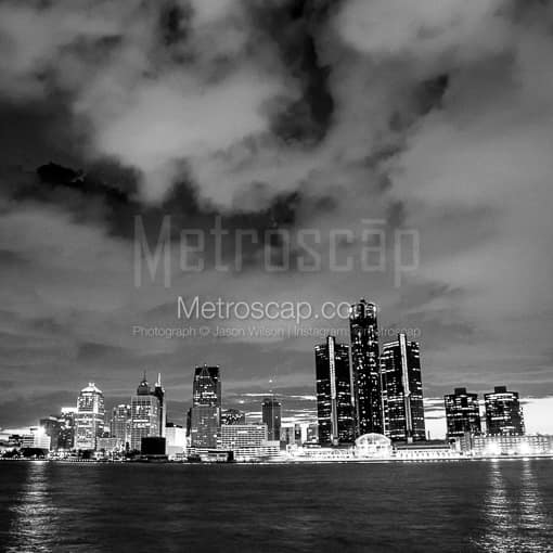Matte Black MDF Framed Black and White Detroit Photograph: Detroit Michigan Skyline from Windsor Ontario Canada in a Square Matte Black MDF Frame