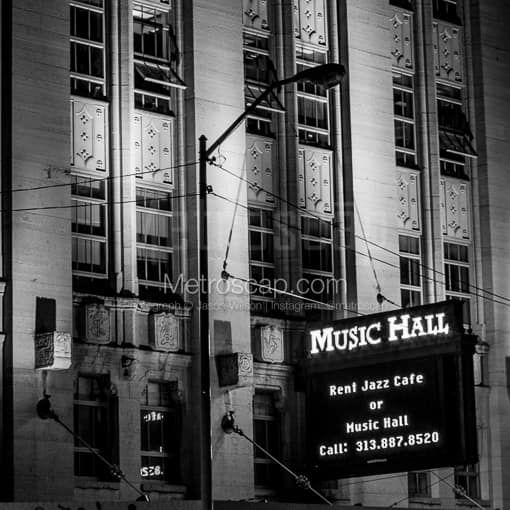Matte Black MDF Framed Black and White Detroit Photograph: The Detroit Music Hall in a Square Matte Black MDF Frame